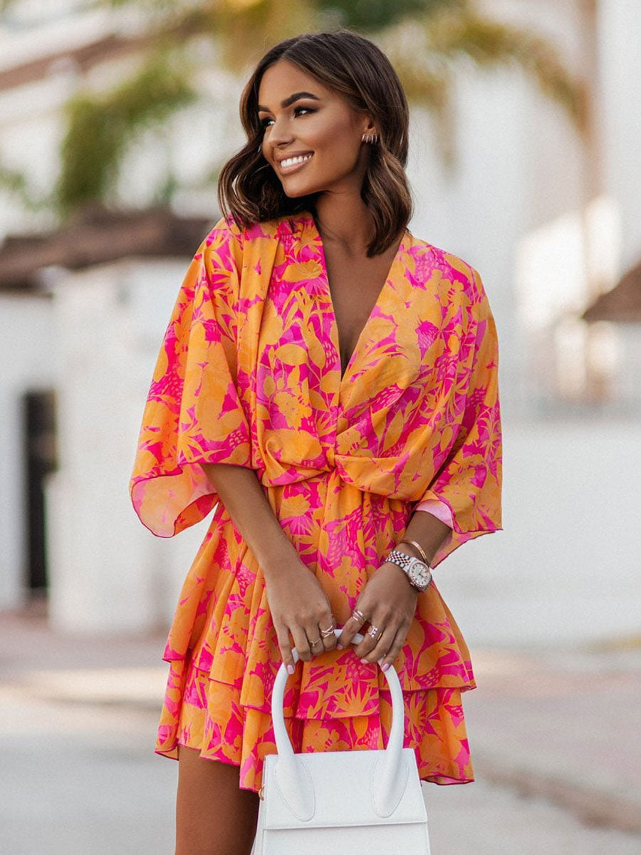 Summer Dress Pink V-Neck Beach Dress
