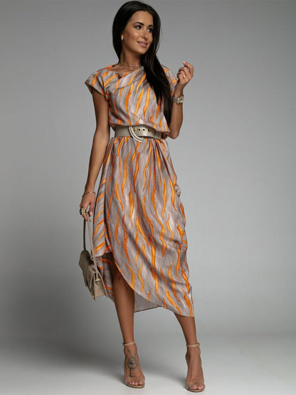 Maxi Dress Bateau Neck Short Sleeves Stripes Floor Length Dress