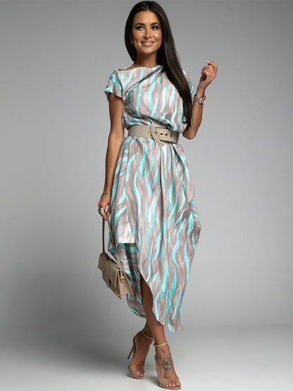 Maxi Dress Bateau Neck Short Sleeves Stripes Floor Length Dress