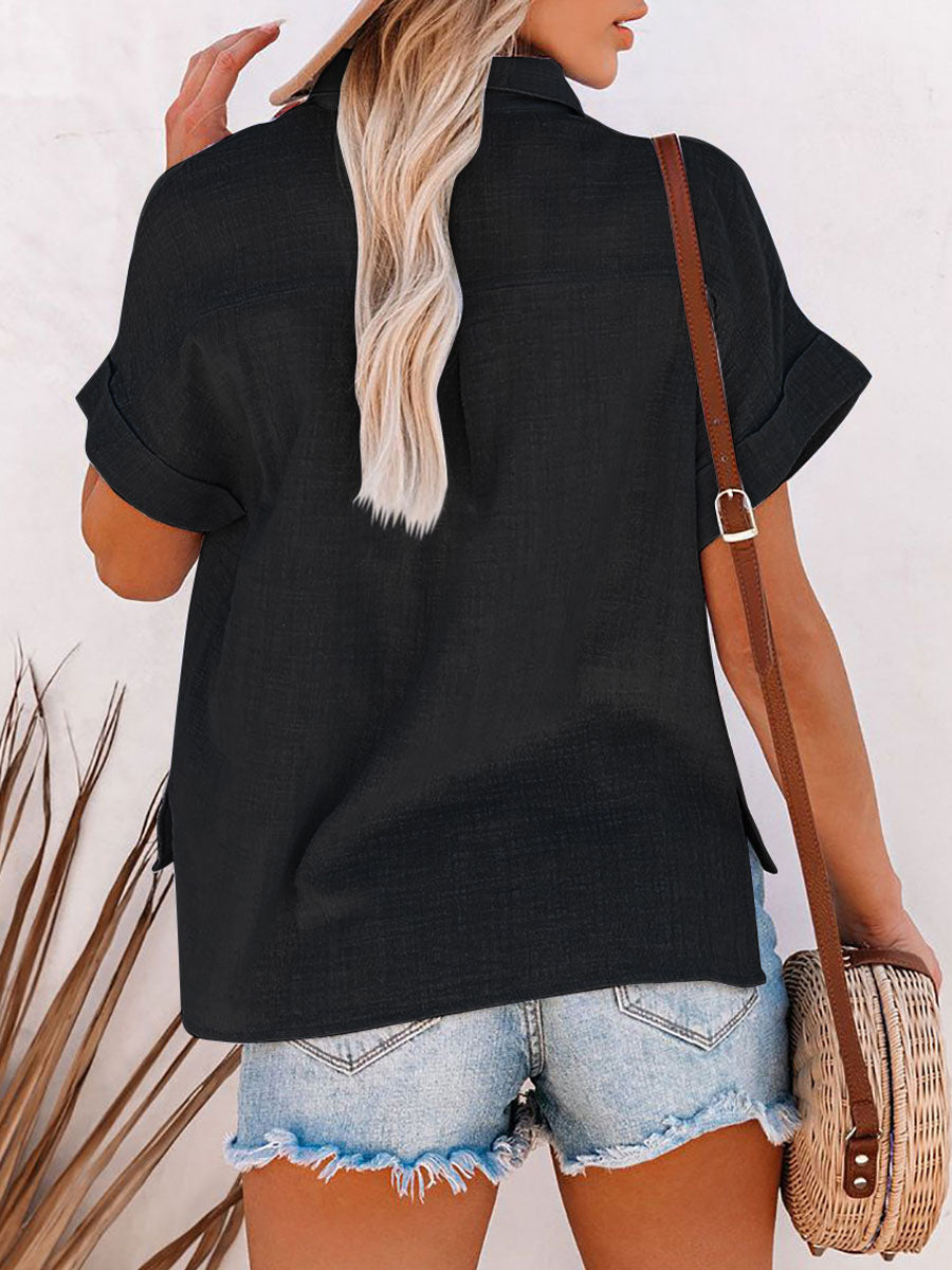 Shirt For Women Black Turndown Collar Casual Buttons Short Sleeves Tops