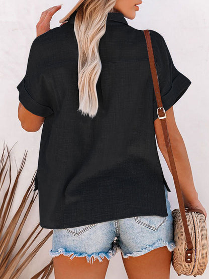 Shirt For Women Black Turndown Collar Casual Buttons Short Sleeves Tops