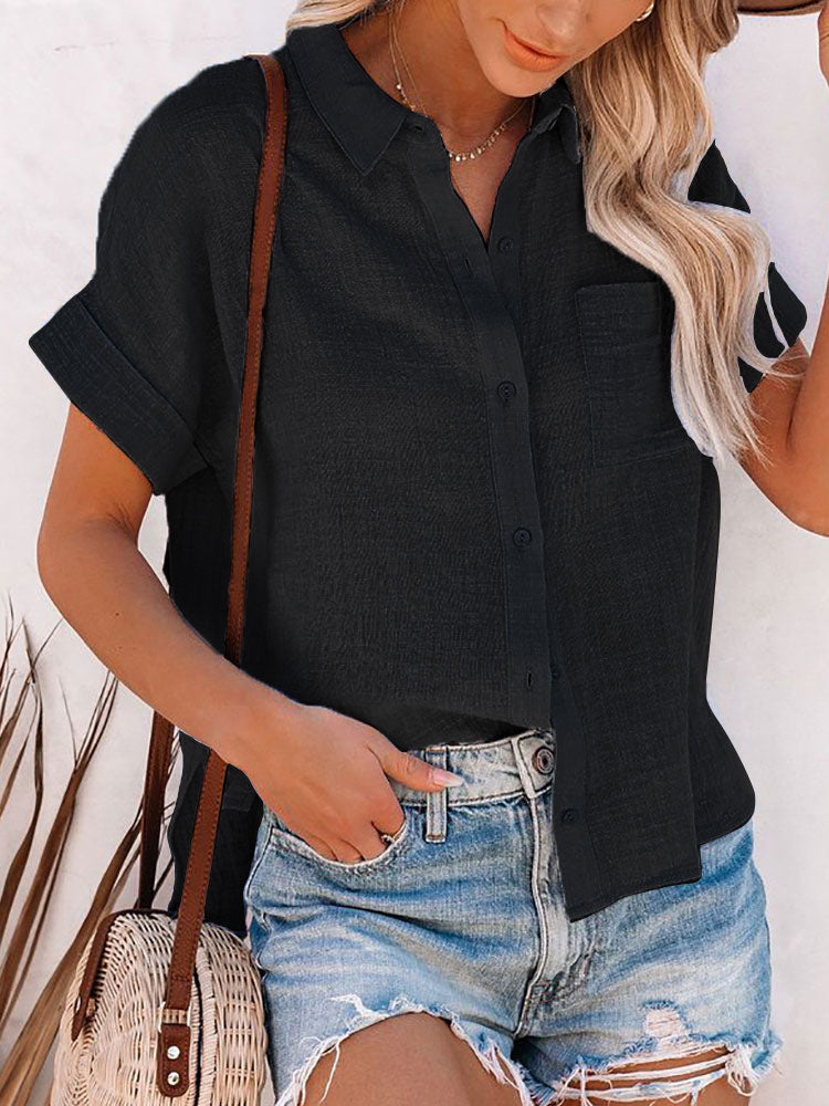 Shirt For Women Black Turndown Collar Casual Buttons Short Sleeves Tops