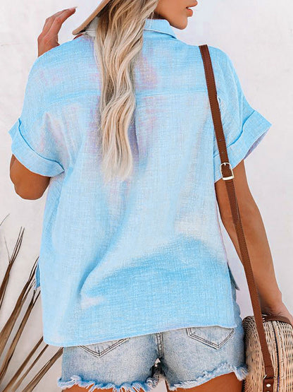 Shirt For Women Black Turndown Collar Casual Buttons Short Sleeves Tops