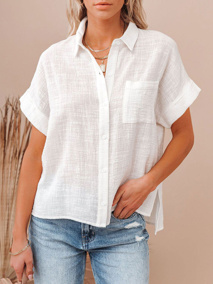 Shirt For Women Black Turndown Collar Casual Buttons Short Sleeves Tops