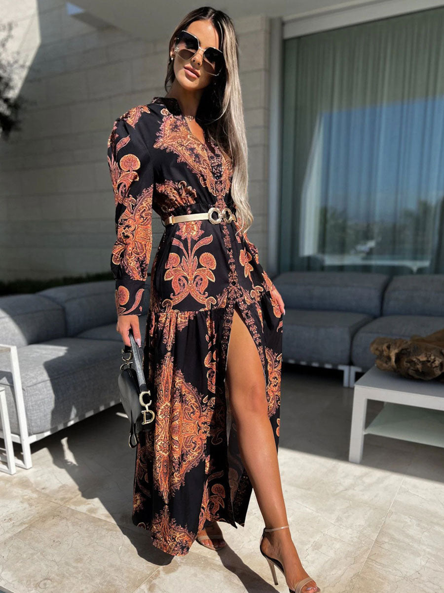 Baroque Emblem Maxi Dress for Women - Scroll Print V Neck Lantern Sleeve High Slit Dress - Spring Resort Wedding Guest 2026