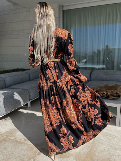 Baroque Emblem Maxi Dress for Women - Scroll Print V Neck Lantern Sleeve High Slit Dress - Spring Resort Wedding Guest 2026
