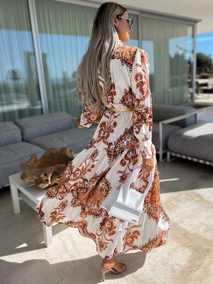Baroque Emblem Maxi Dress for Women - Scroll Print V Neck Lantern Sleeve High Slit Dress - Spring Resort Wedding Guest 2026