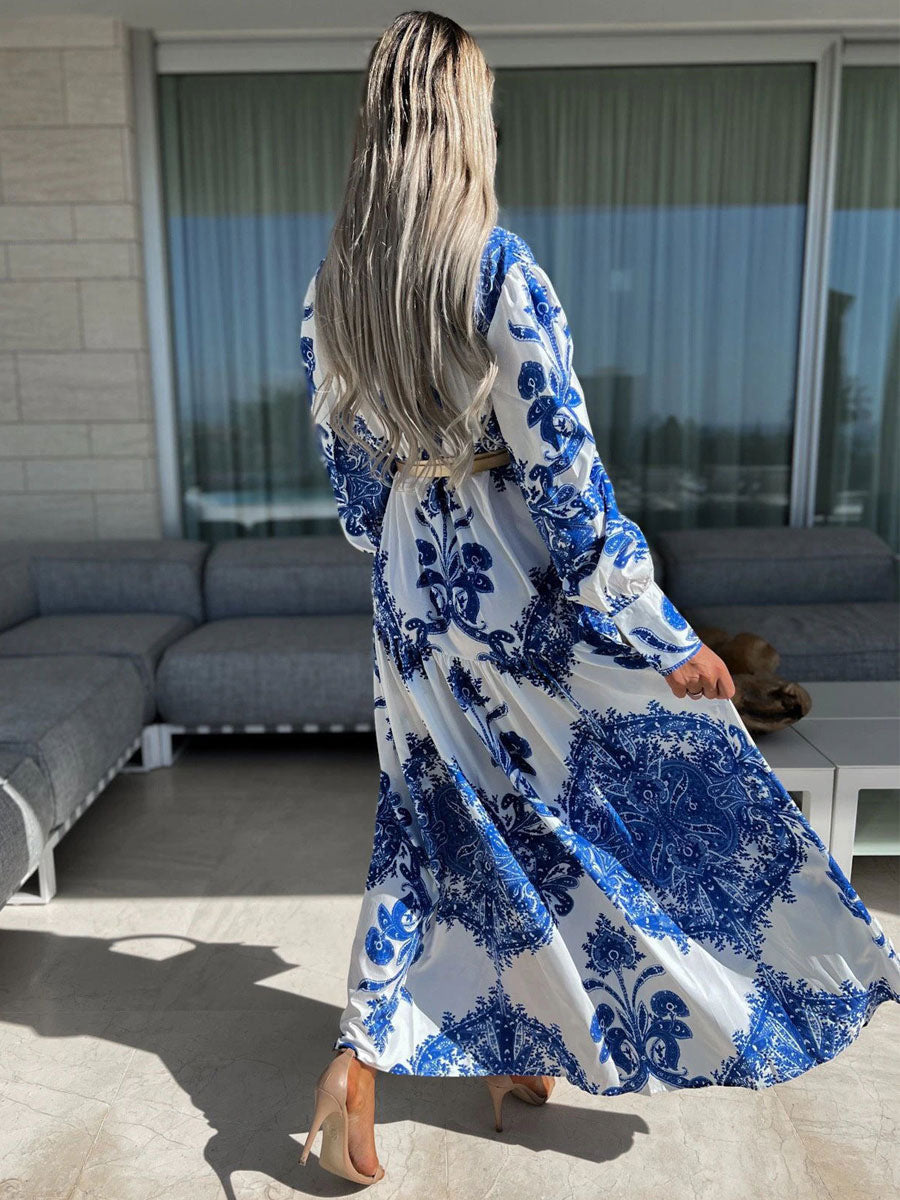 Baroque Emblem Maxi Dress for Women - Scroll Print V Neck Lantern Sleeve High Slit Dress - Spring Resort Wedding Guest 2026