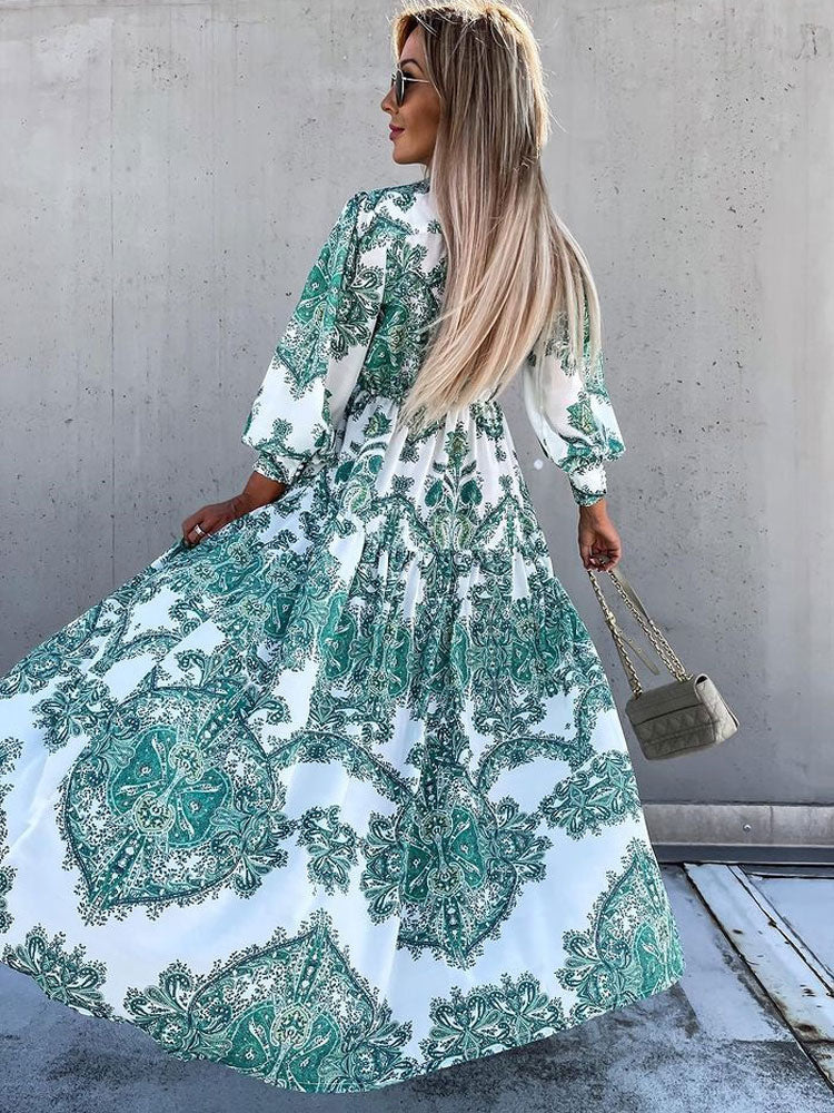 Baroque Emblem Maxi Dress for Women - Scroll Print V Neck Lantern Sleeve High Slit Dress - Spring Resort Wedding Guest 2026
