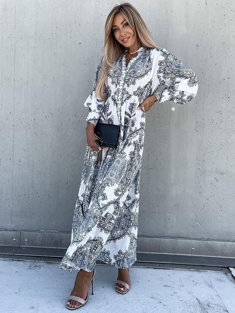 Baroque Emblem Maxi Dress for Women - Scroll Print V Neck Lantern Sleeve High Slit Dress - Spring Resort Wedding Guest 2026