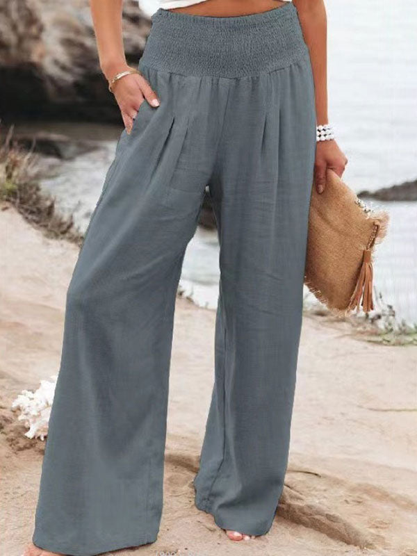 Khaki Linen Pants Wide Leg Elastic Waist Summer Trousers