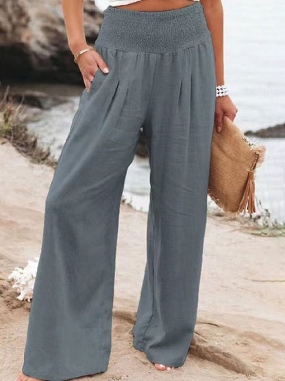 Khaki Linen Pants Wide Leg Elastic Waist Summer Trousers