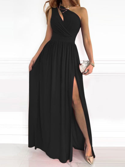 Printed Maxi Dress One-Shoulder Cutout High-Slit Prom Dresses