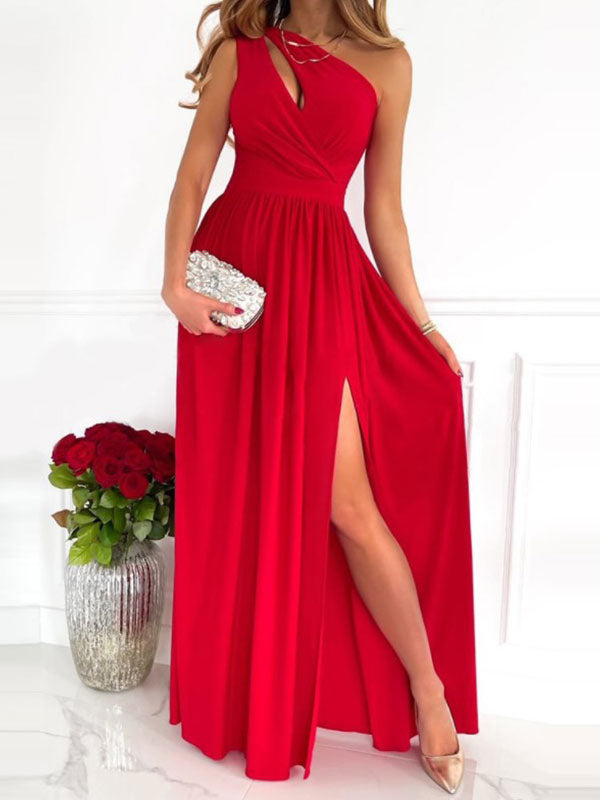 Printed Maxi Dress One-Shoulder Cutout High-Slit Prom Dresses