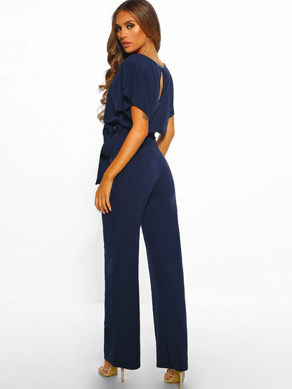 Deep Blue Jumpsuit Lace Up Knotted Natural Waist Trousers Outfit