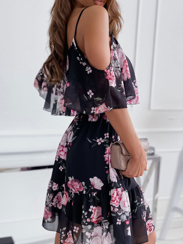 Skater Dresses Floral Print Straps Neck Pink Sexy Half Sleeves Fit And Flare Dress
