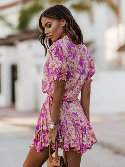 Vibrant Floral Shirt Dress for Women - Puff Sleeve Belted Mini Skater Dress - Summer Casual Vacation 2026