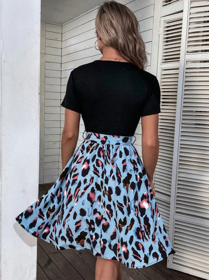 Leopard Print Mini Dress for Women - Jewel Neck A-line Short Sleeve Tie Waist Skater Dress - Summer Casual Streetwear 2026