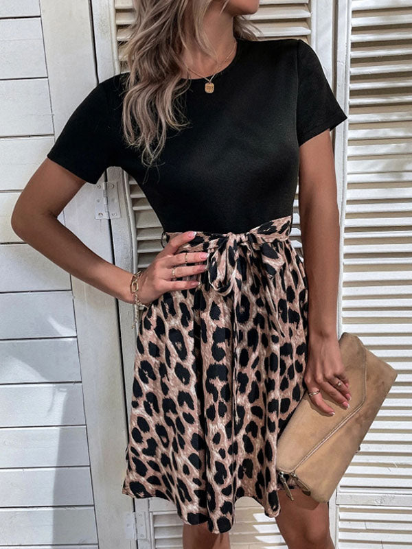 Leopard Print Mini Dress for Women - Jewel Neck A-line Short Sleeve Tie Waist Skater Dress - Summer Casual Streetwear 2026