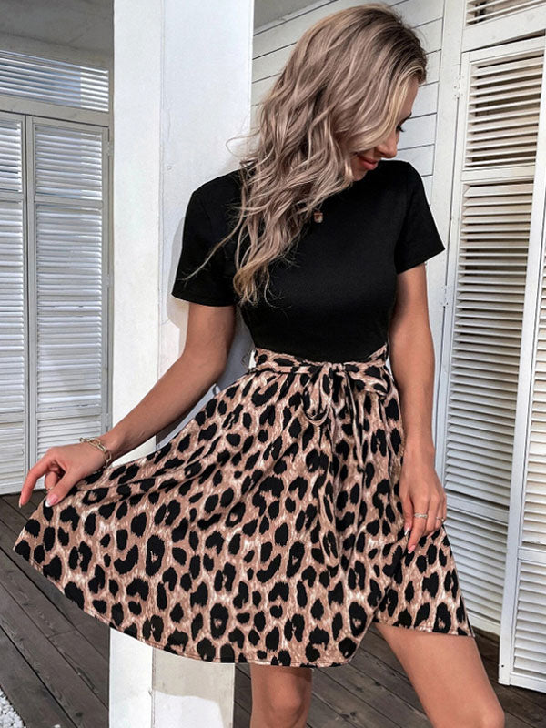 Leopard Print Mini Dress for Women - Jewel Neck A-line Short Sleeve Tie Waist Skater Dress - Summer Casual Streetwear 2026