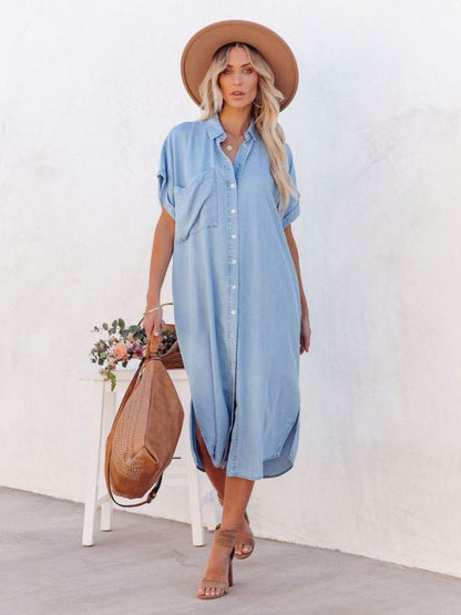 Light Sky Blue Boho Shirt Dress for Women - Short Sleeves Button Down Loose Midi Dress - Summer Casual Everyday 2026