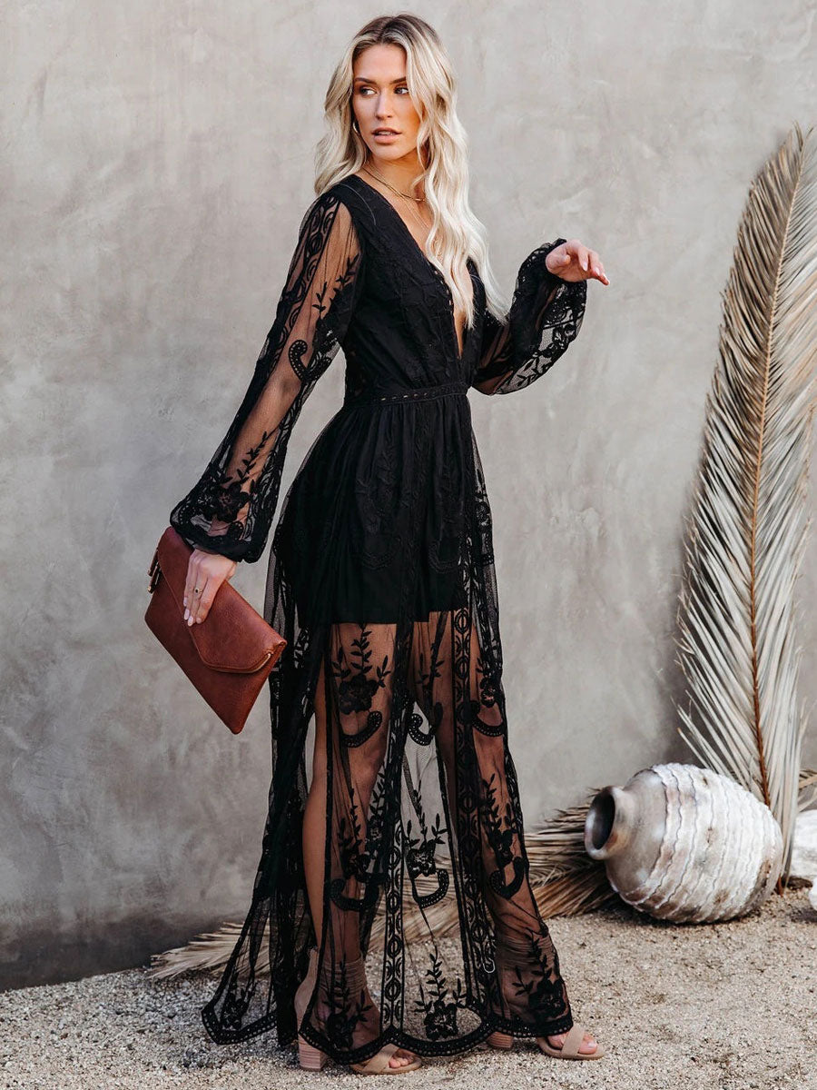 Sheer Lace Maxi Dress for Women - Boho V Neck Mesh Lantern Sleeve Split Gown - Summer Beach Wedding 2026
