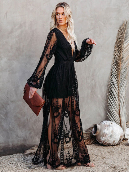 Sheer Lace Maxi Dress for Women - Boho V Neck Mesh Lantern Sleeve Split Gown - Summer Beach Wedding 2026