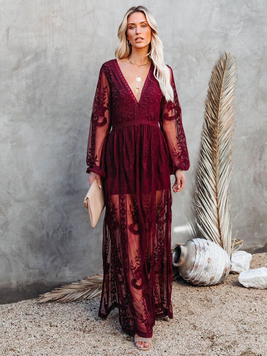 Sheer Lace Maxi Dress for Women - Boho V Neck Mesh Lantern Sleeve Split Gown - Summer Beach Wedding 2026