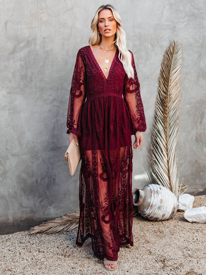 Sheer Lace Maxi Dress for Women - Boho V Neck Mesh Lantern Sleeve Split Gown - Summer Beach Wedding 2026