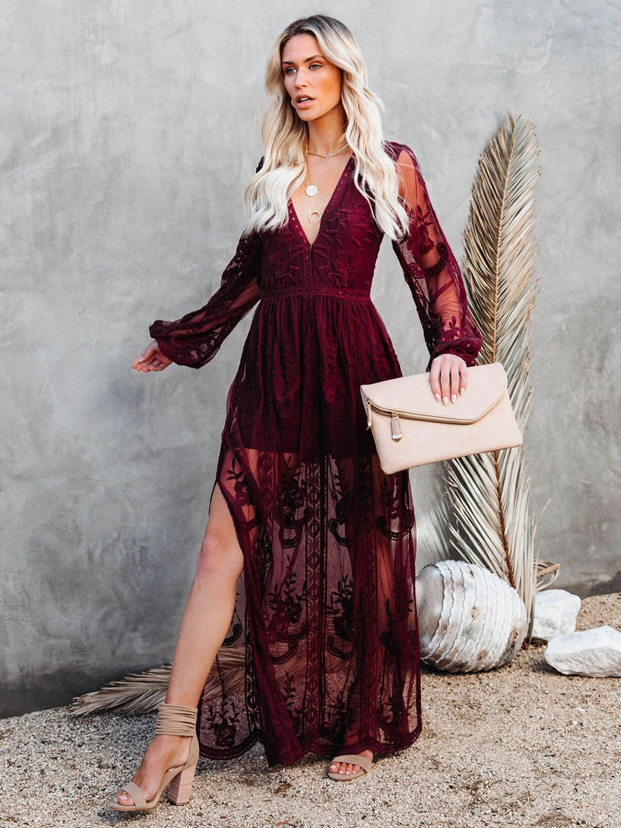 Sheer Lace Maxi Dress for Women - Boho V Neck Mesh Lantern Sleeve Split Gown - Summer Beach Wedding 2026