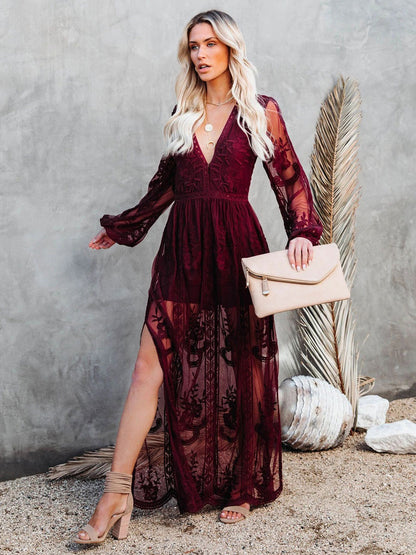 Sheer Lace Maxi Dress for Women - Boho V Neck Mesh Lantern Sleeve Split Gown - Summer Beach Wedding 2026