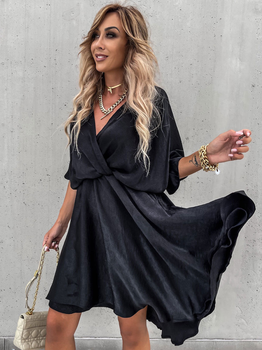 Satin Mini Dress for Women - Boho Wrap V Neck Short Sleeve Skater Dress - Summer Beach Party 2026