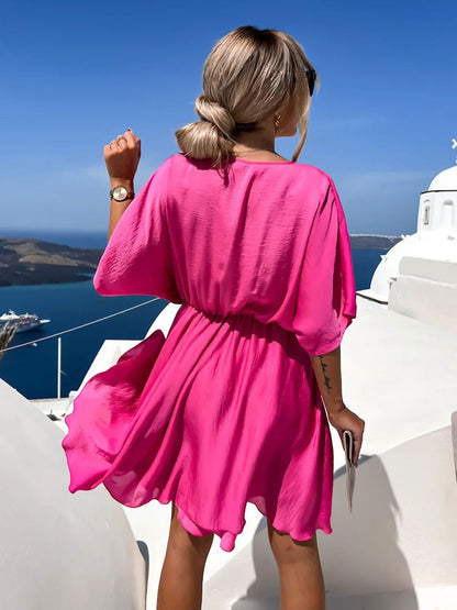 Satin Mini Dress for Women - Boho Wrap V Neck Short Sleeve Skater Dress - Summer Beach Party 2026