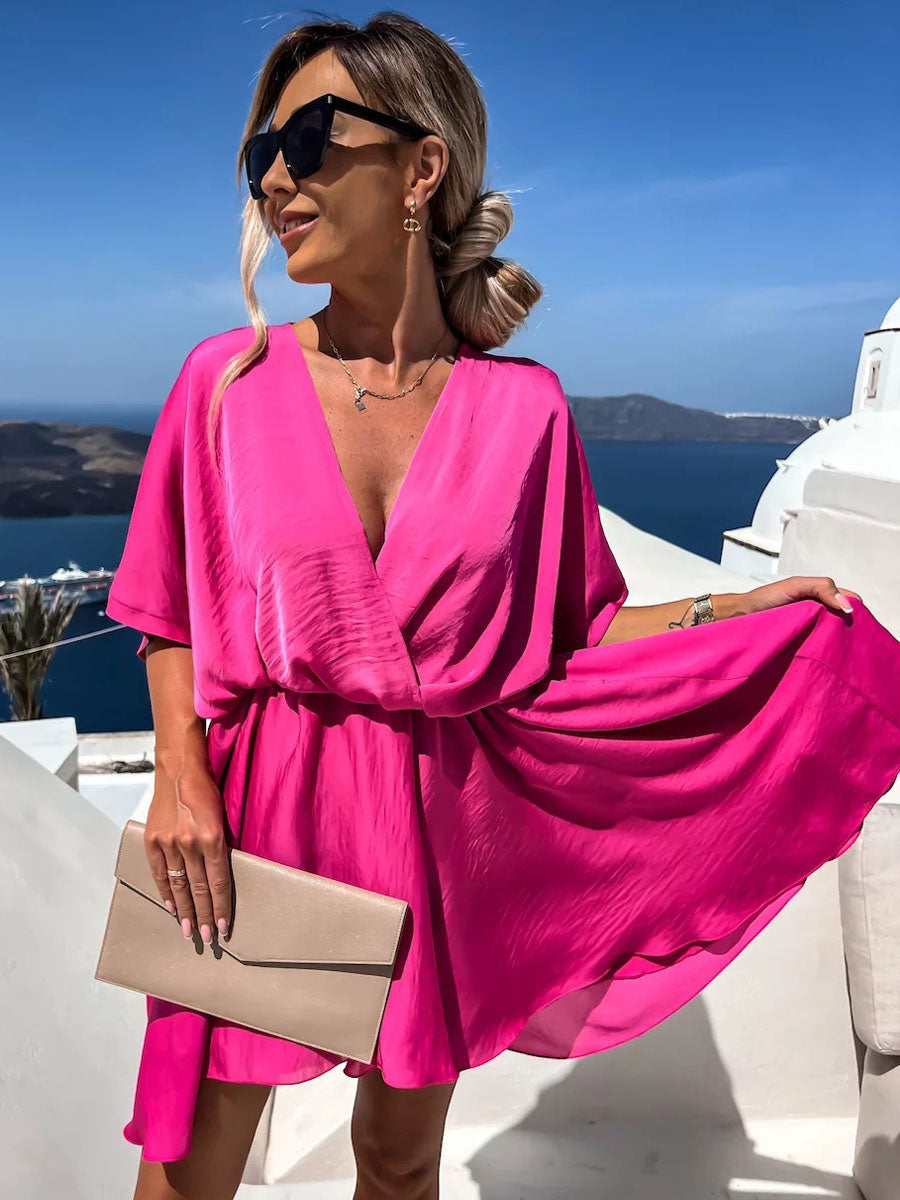 Satin Mini Dress for Women - Boho Wrap V Neck Short Sleeve Skater Dress - Summer Beach Party 2026
