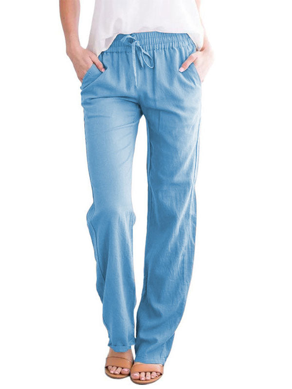 Linen Pants Elasric Waist Lace Up Pockets Loose Summer Casual Trousers