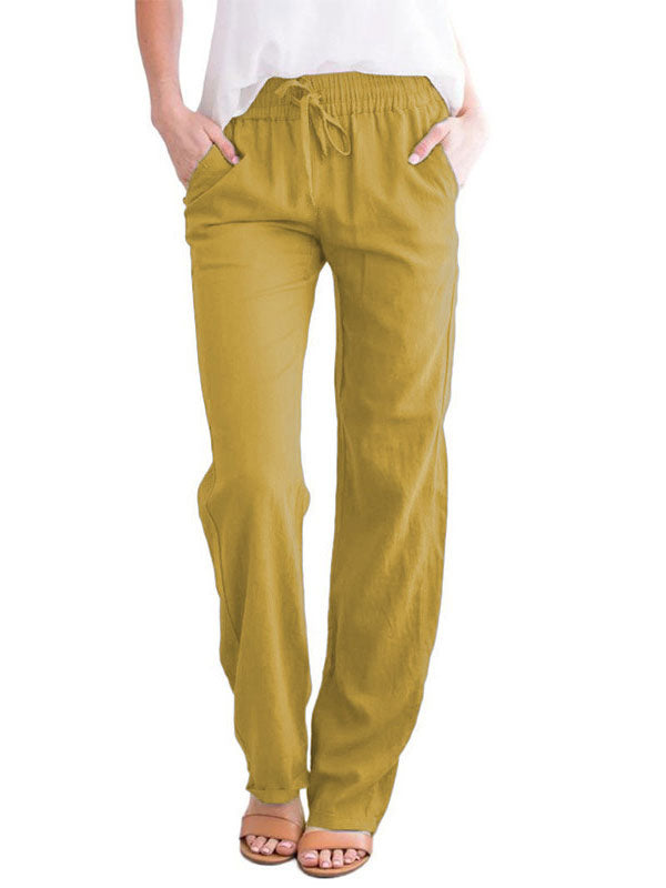 Linen Pants Elasric Waist Lace Up Pockets Loose Summer Casual Trousers