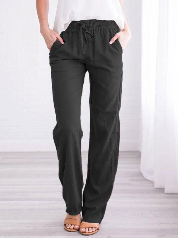 Linen Pants Elasric Waist Lace Up Pockets Loose Summer Casual Trousers