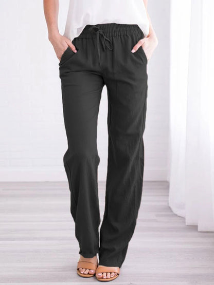 Linen Pants Elasric Waist Lace Up Pockets Loose Summer Casual Trousers