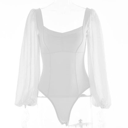Solid v neck long sleeve mesh backless bodysuit
