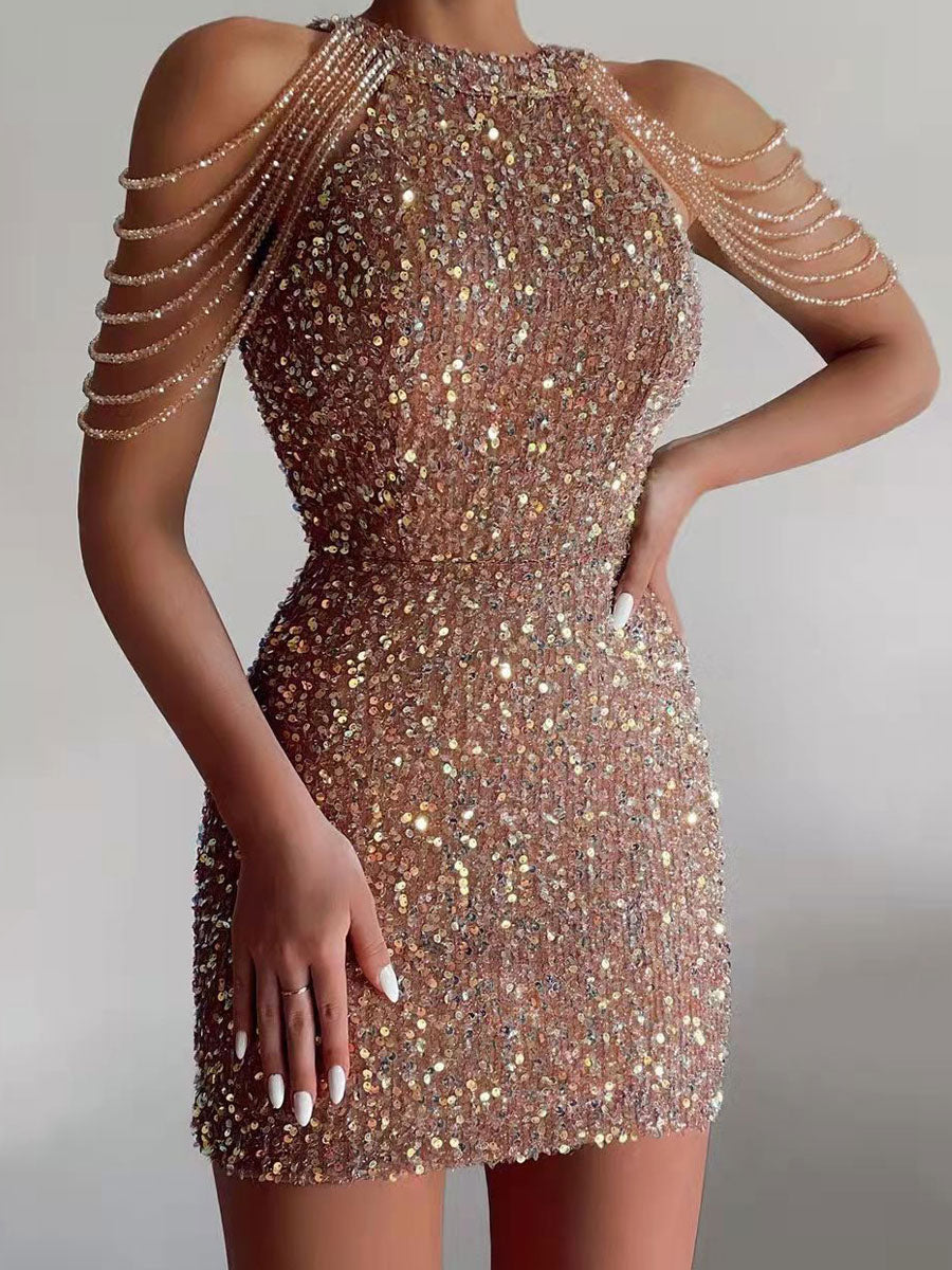 Birthday Party Mini Bodycon Dresses Pink Sleeveless Sexy Jewel Neck Sheath Dress