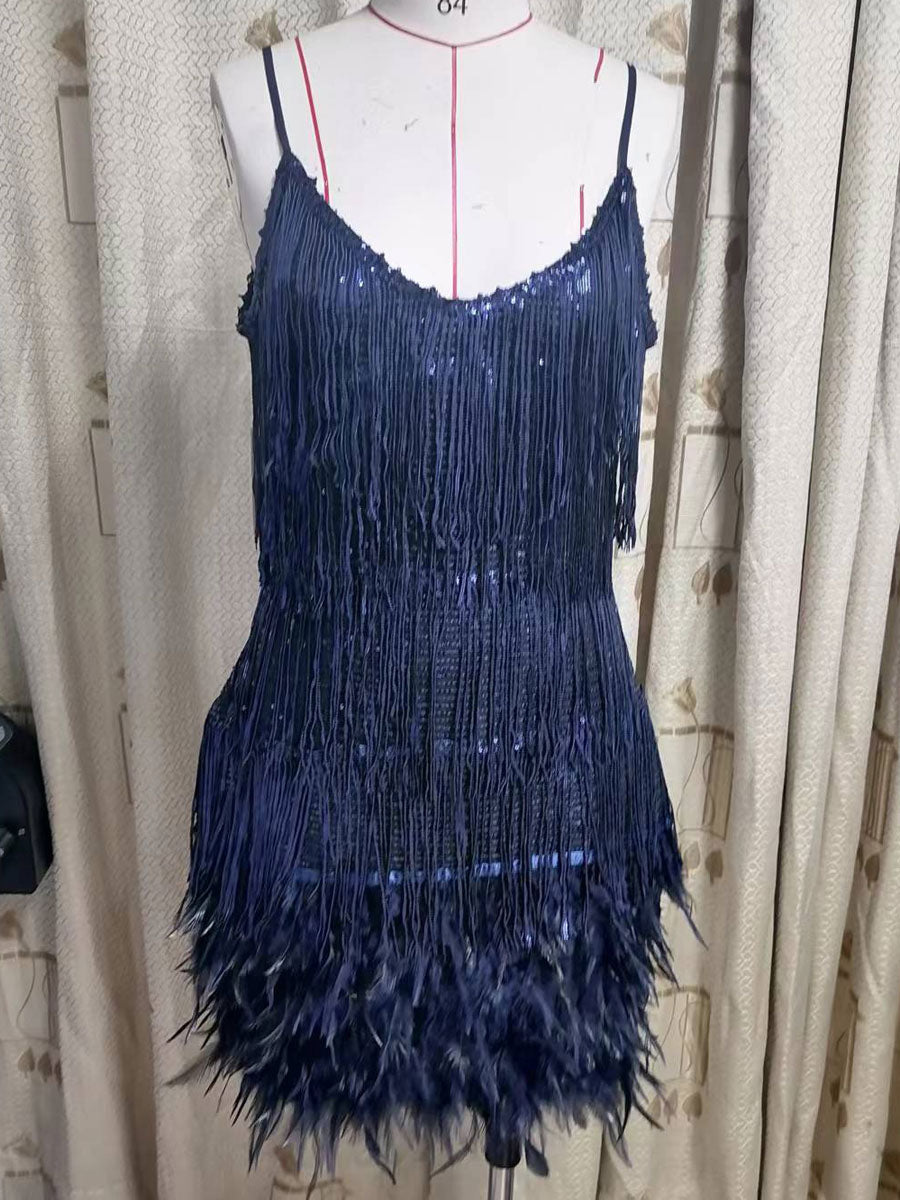 Soft Pink Mini Sundress Spaghetti Straps Tassel Feather Hem Birthday Party Dress