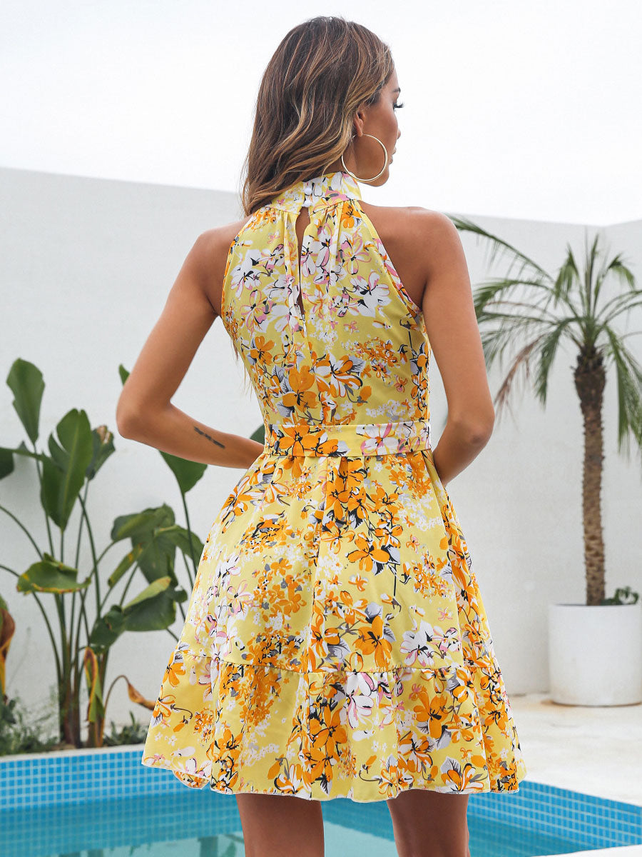 Mini Dresses Pink Floral Print Sleeveless Short Dress