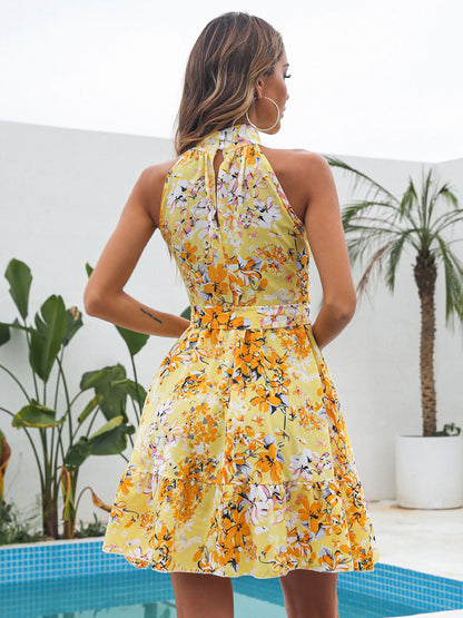 Mini Dresses Pink Floral Print Sleeveless Short Dress