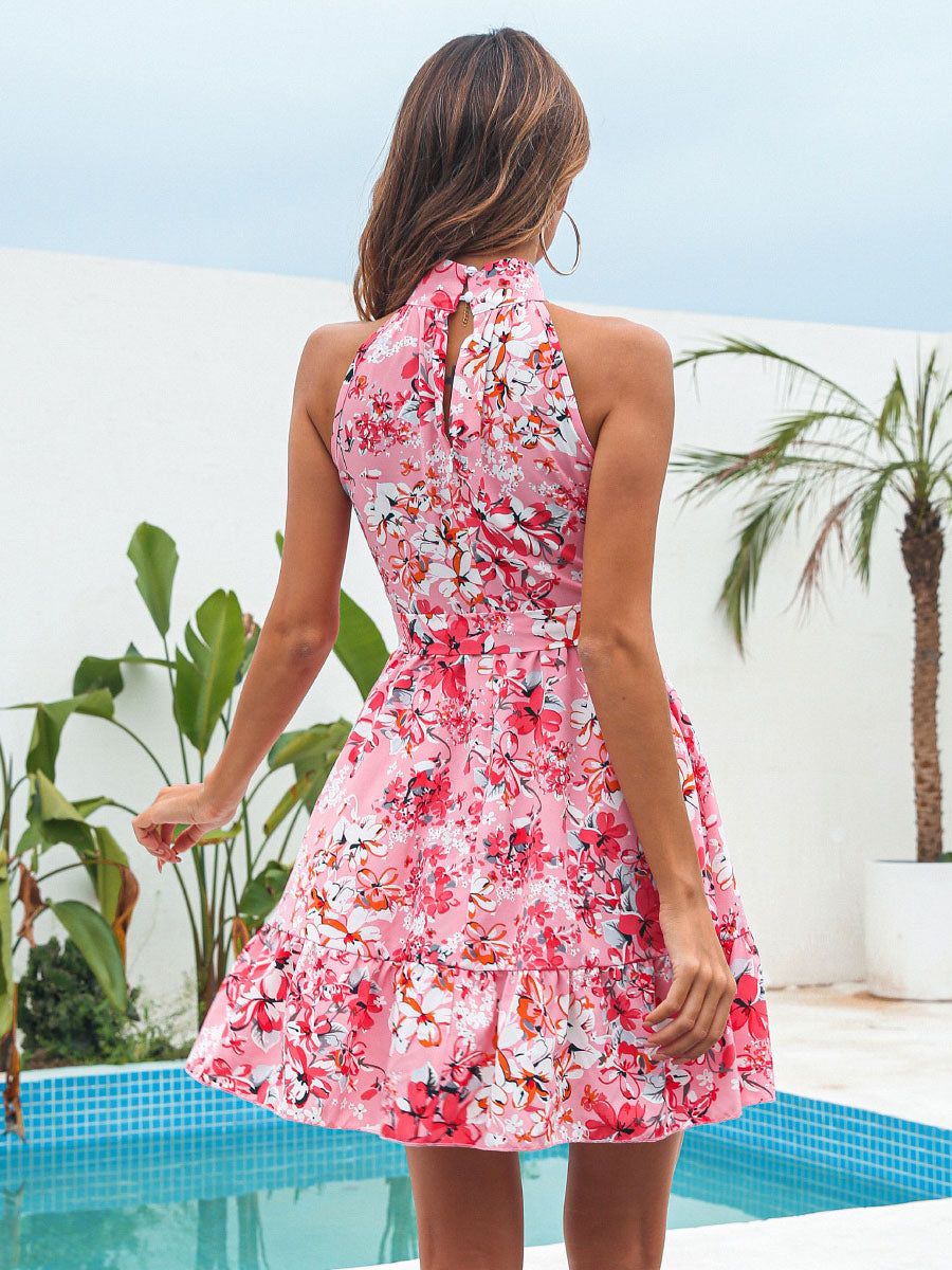 Mini Dresses Pink Floral Print Sleeveless Short Dress