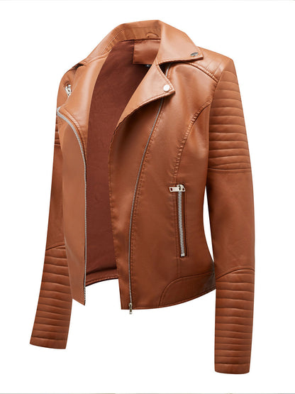 Faux Leather Moto Jacket Turndown Collar Yellow PU Relaxed Fit Spring Fall Biker Outerwear For Women