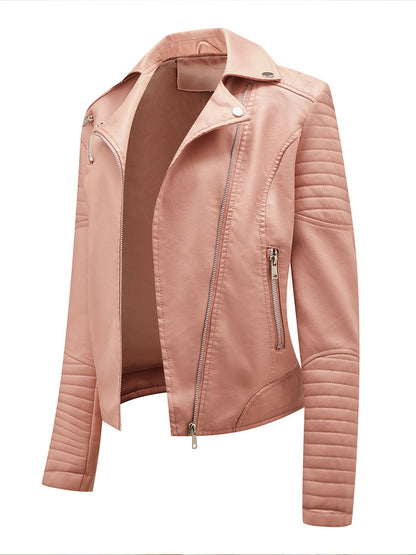 Faux Leather Moto Jacket Turndown Collar Yellow PU Relaxed Fit Spring Fall Biker Outerwear For Women