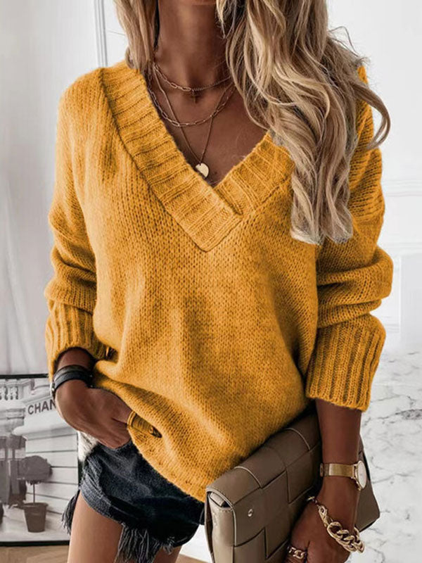 Women Pullover Sweater Apricot V-Neck Long Sleeves Acrylic Sweaters