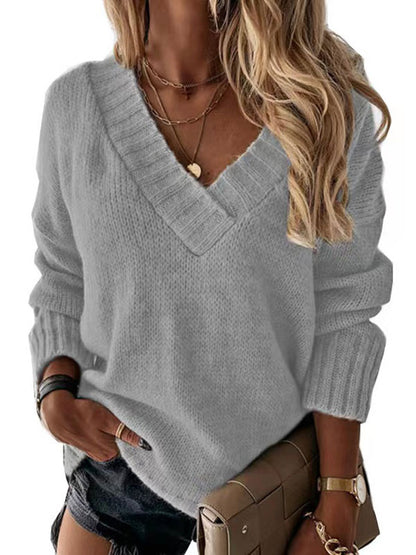 Women Pullover Sweater Apricot V-Neck Long Sleeves Acrylic Sweaters