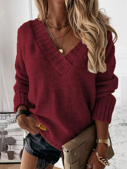 Women Pullover Sweater Apricot V-Neck Long Sleeves Acrylic Sweaters
