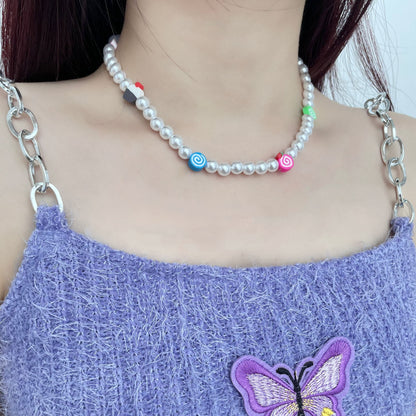 Faux pearl beaded clay necklace